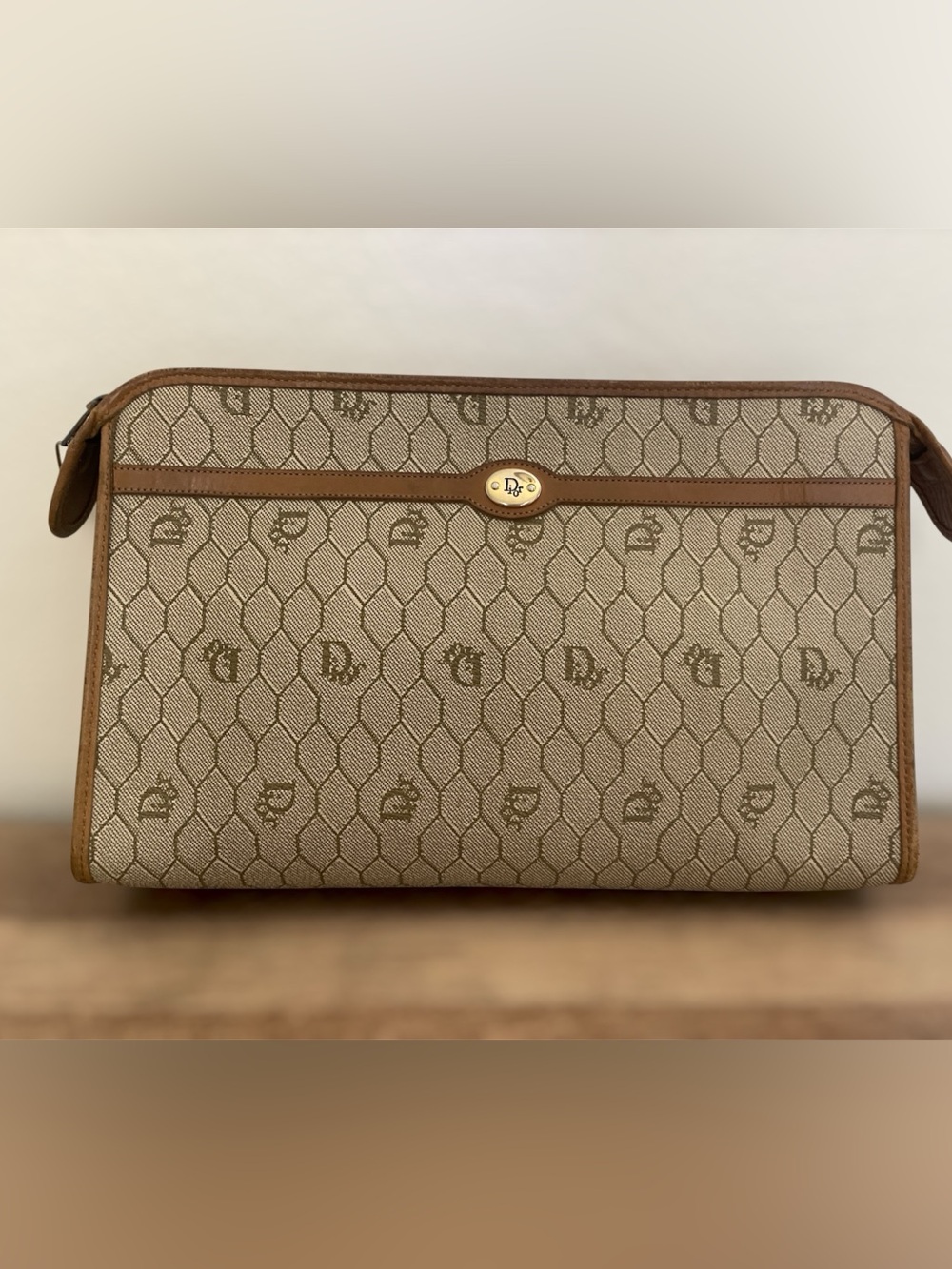 Vintage Christian Dior Honeycomb Canvas Large Clutch  Pouch Bag With COA